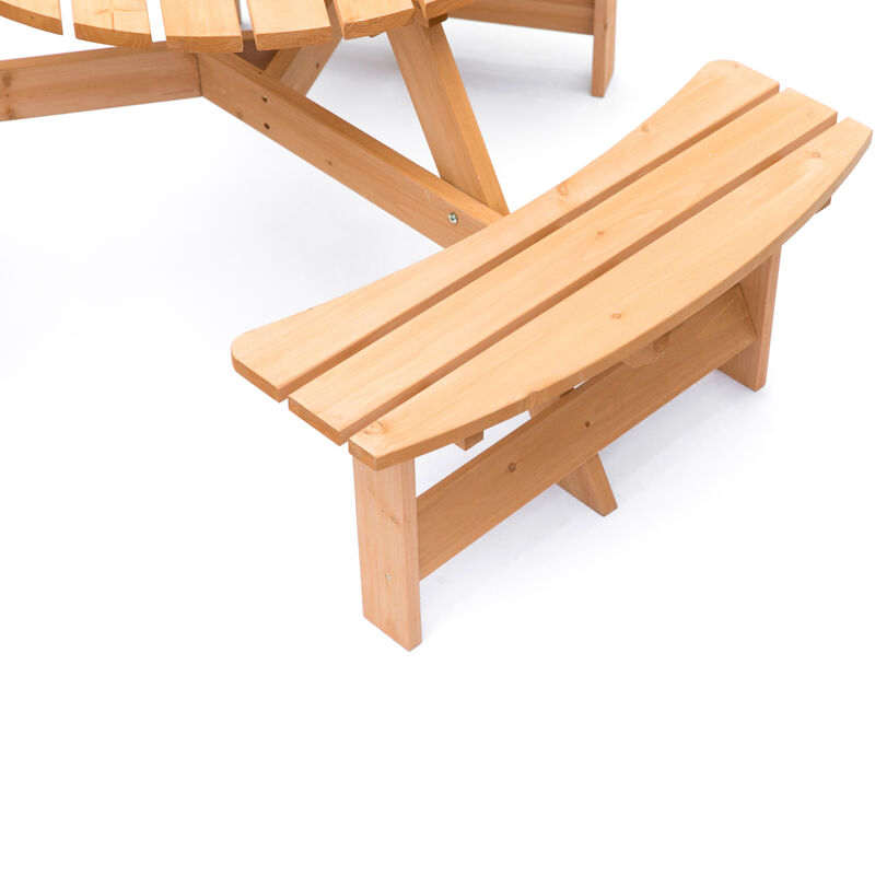 Wooden Outdoor Round Picnic Table with Bench for Patio, 6- Person with Umbrella Hole - Stained