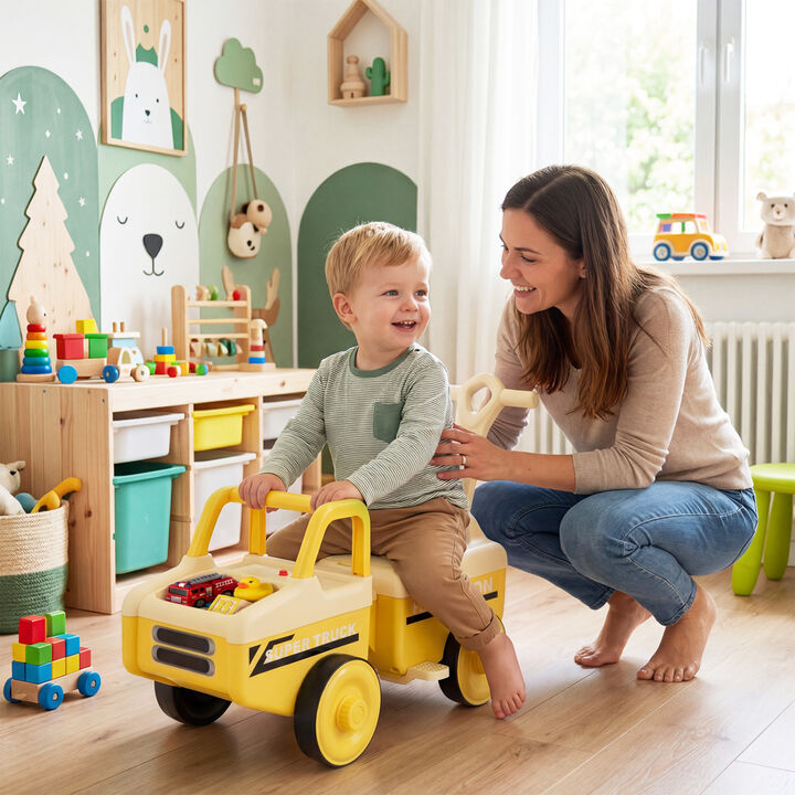 Kids 4 in 1 Push Ride On Car with Music and Storage Compartment for Outdoor Play