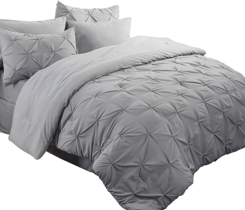 Bedsure King Size Comforter Set - Bedding Set King 7 Pieces, Pintuck Bed in a Bag Grey Bed Set with Comforter, Sheets, Pillowcas