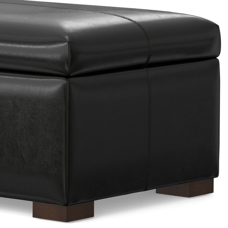 Gabbie 48 inch Wide Contemporary Rectangle Rectangular Storage Ottoman in Midnight Black PU Black faux leather, Assembled