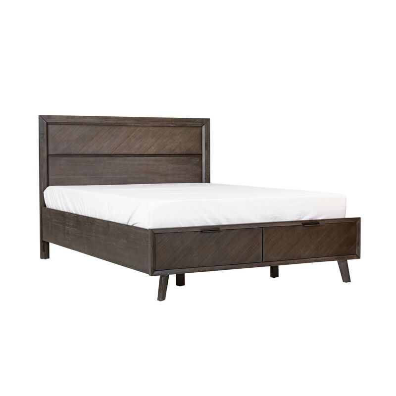 Cid Vein Queen Size Platform Bed, Panel Headboard, 2 Drawers, Brown Acacia - Benzara