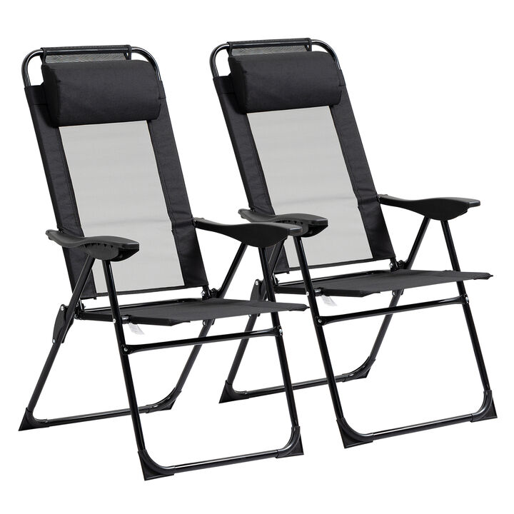 Outsunny Folding Patio Chairs Set of 2, Outdoor Deck Chair with Adjustable Sling Back, Camping Chair with Removable Headrest for Garden, Backyard, Lawn, Black