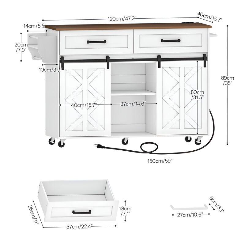 White Kitchen Island with Barn Doors, Movable Cart and Power Outlet image number 2