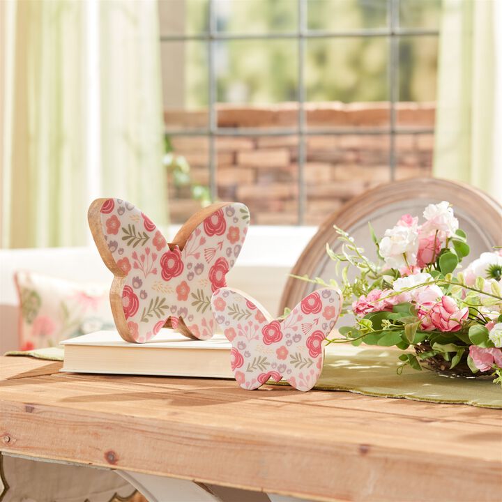 Set of 2 Wood Butterfly Décor with Floral Pattern for Wall, Shelf, or Tabletop Display