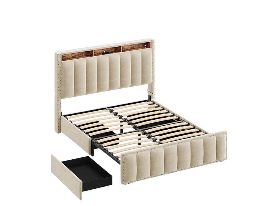 Full Platform Bed &ndash; Beige Velvet Frame with 4 Storage Drawers, RGB Lights & Charging Station