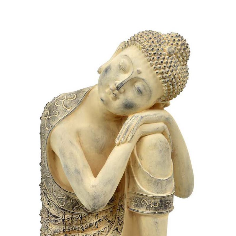 Decorative Resting Buddha Figurine, Antique Beige Resin, 14 Inch - Benzara
