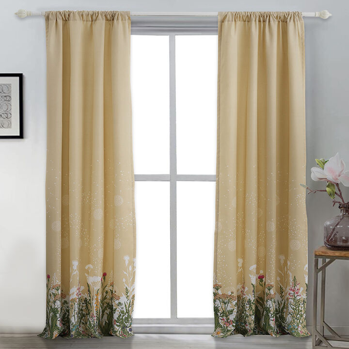84 Inch Window Curtains, Beige Microfiber Fabric, Wildflower Print Design - Benzara