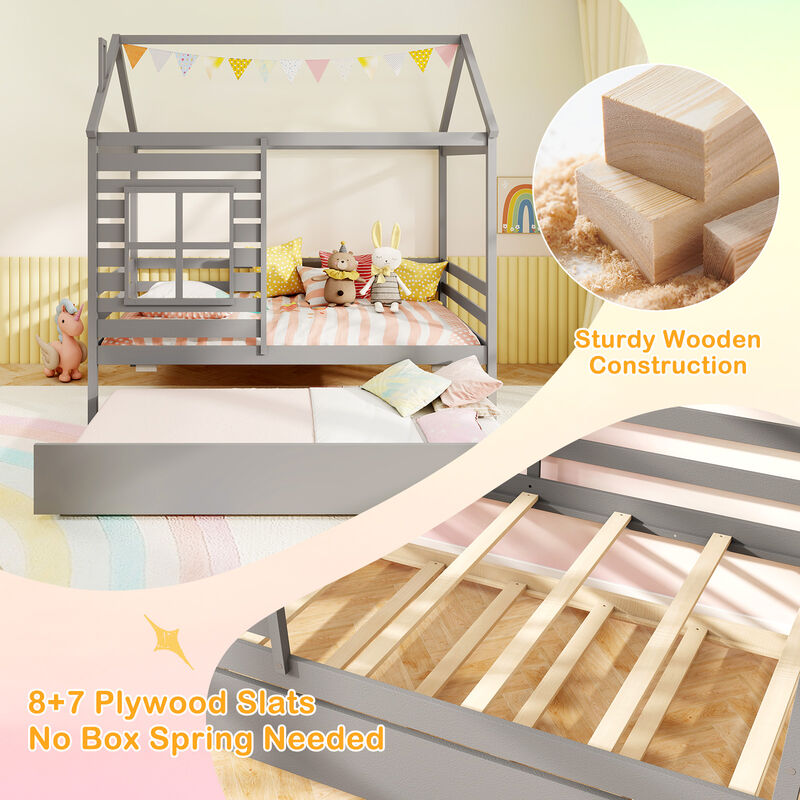 Kids Wood Bed with Roof Canopy and Slide-Out Trundle