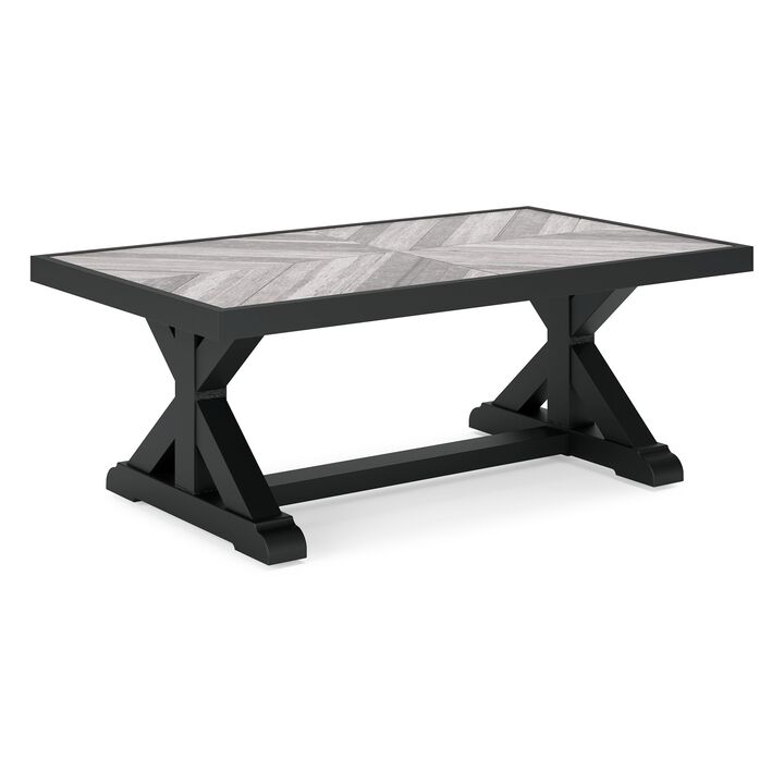 Tira 48 Inch Outdoor Coffee Table, Tile Top, Black, Light Gray Finish - Benzara