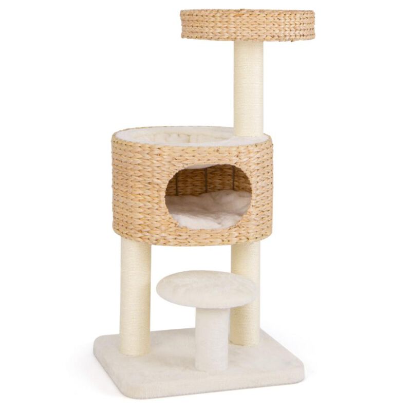 Hivvago Modern Cat Tower Cat Tree with Top Perch Cattail Fluff Condo