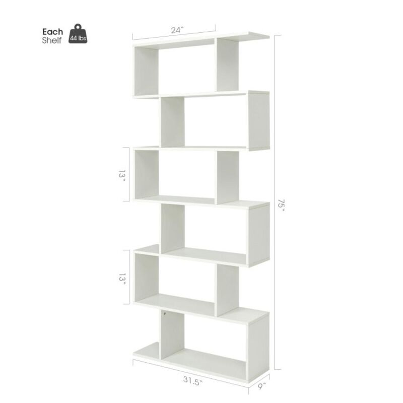 Hivvago 6 Tier S-Shaped Bookshelf Storage Display Bookcase Decor Z-Shelf
