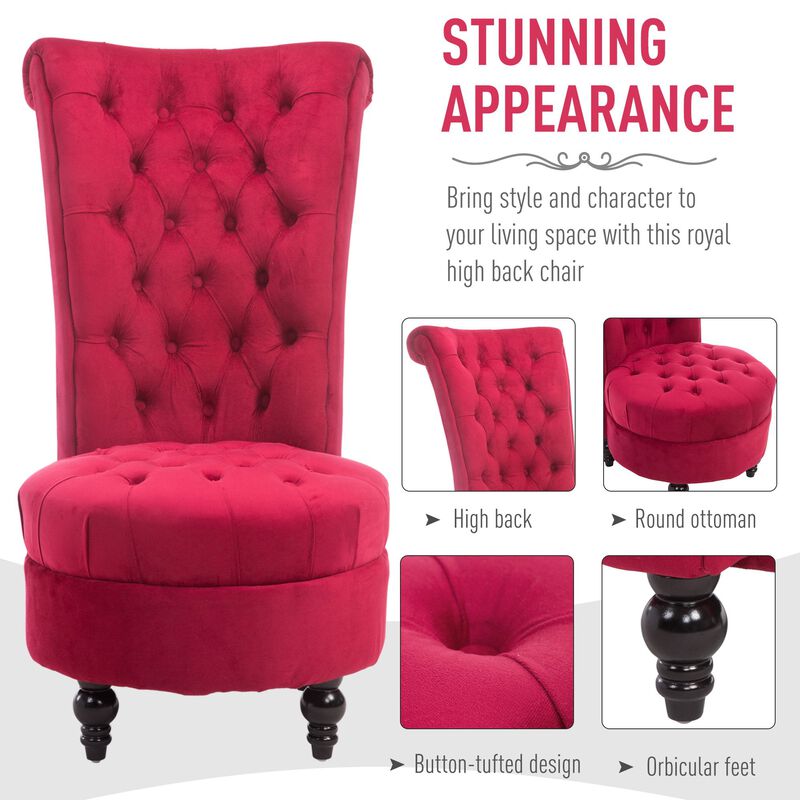 High Back Accent Chair, Upholstered Armless Chair, Retro Button-Tufted Royal Design w/ Padding and Rubberwood Leg for Living Room, Crimson Red