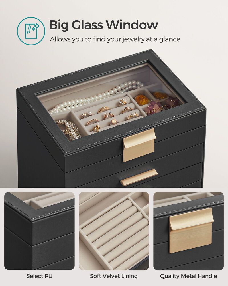 6-Layer Jewelry Box with Glass Lid for Large Jewelry Storage and Display