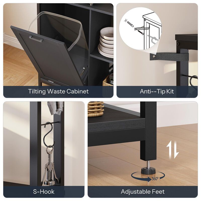 5 Tier Kitchen Bakers Rack with Microwave Shelf and Trash Bin Cabinet-Black image number 6