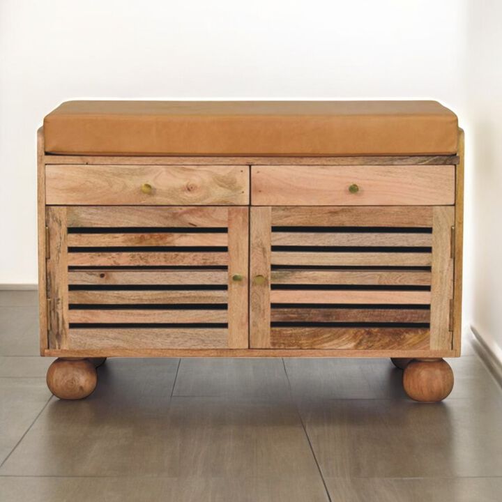 Artisan Furniture Solid Wood Shutter Oak-ish Shoe Rack with 2 drawers, 4 Inside Shelves, Beige