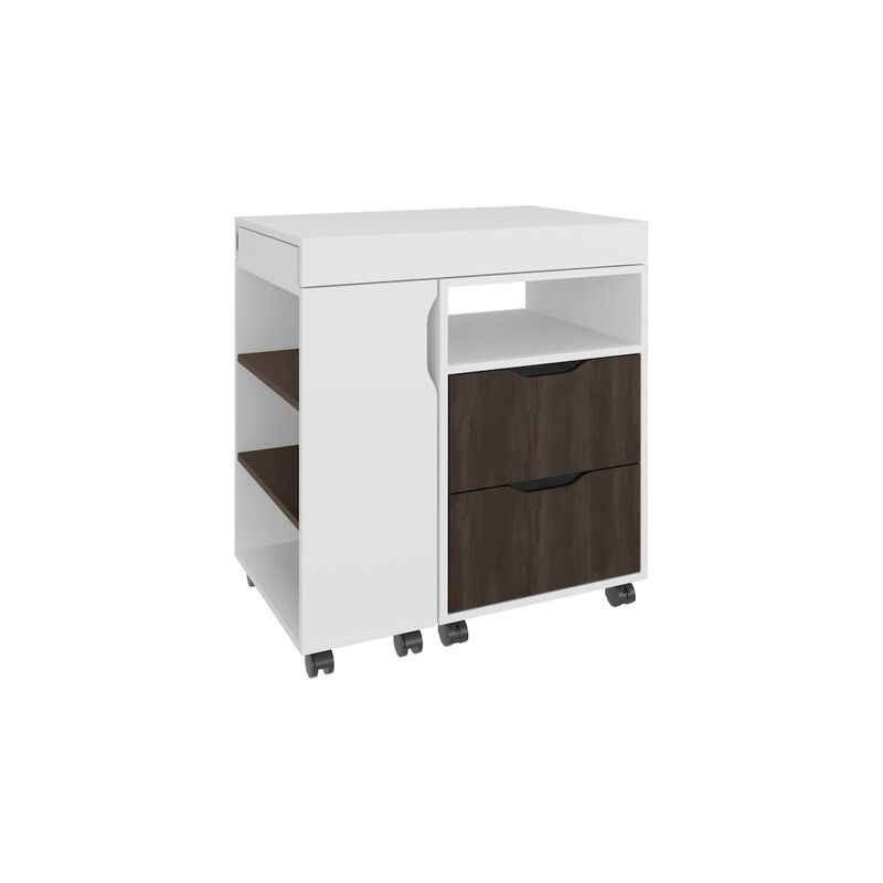 Odessa Extendable Desk, 2 Drawers, 4 Shelves, 4 Wheels, White/Walnut