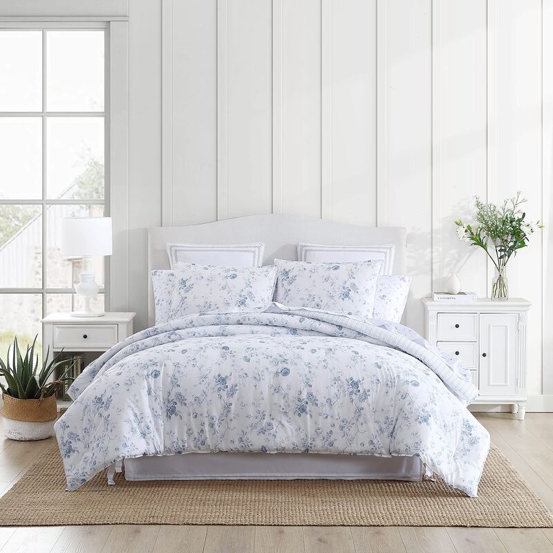 Laura Ashley- King Comforter Set, Reversible Cotton Bedding with Matching Sham(s), Farmhouse Home D  cor (Belinda Blue, King)