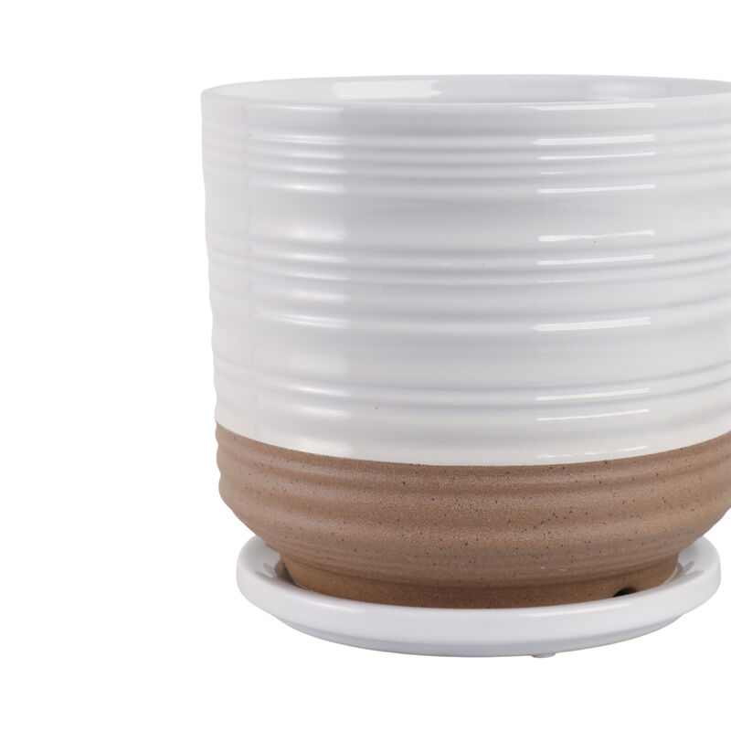 S/2 6/8" Ribbed Planter Saucer, White/tan image number 4