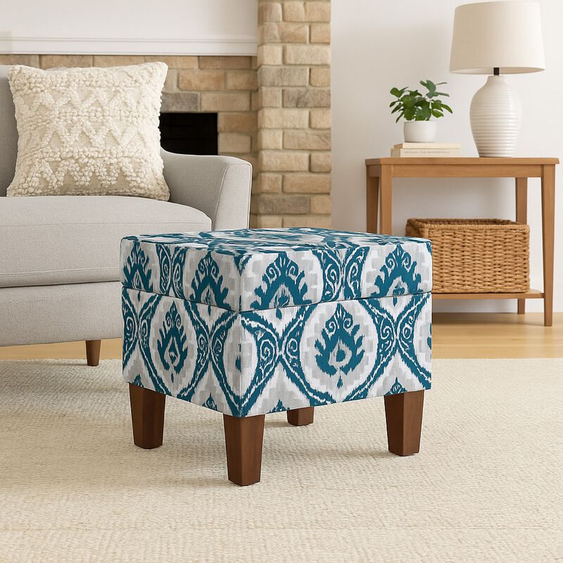 Ishi Accent Storage Ottoman, 22 Inch Blue White Ikat Paisley Pattern - Benzara