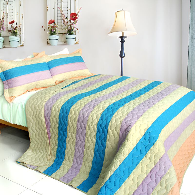 Queen Size 3-Piece Vermicelli Quilted Patchwork Quilt Set with Shams - Blue image number 0