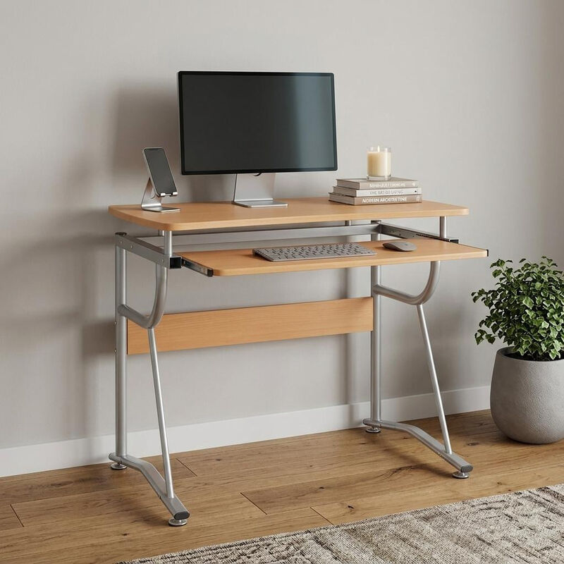 HomeRoots 43" Oak and Silver Wood and Steel Computer Desk image number 1
