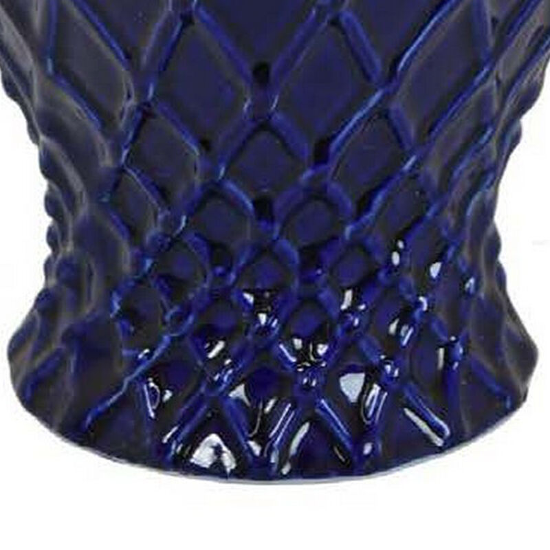 Livie 14 Inch Temple Ginger Jar, Geometric Design, Dome Lid, Ceramic, Blue - Benzara