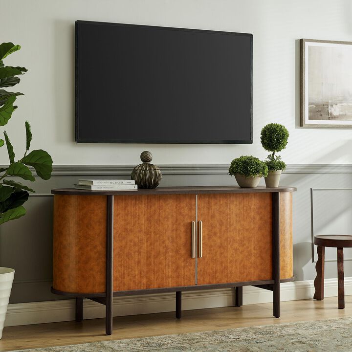 Modway Coralie 63" Oval Leather Sideboard in Walnut Tan &ndash; Vintage Mid Century Modern Buffet Storage Cabinet with Sliding Doors