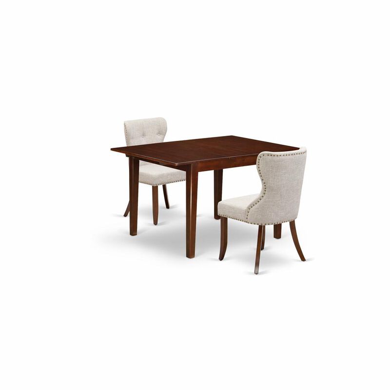 East-West Furniture MLSI3-MAH-35 - A dining set of two amazing parson chairs using Linen Fabric Doeskin color and a wonderful 12" butterfly leaf rectangle dining table in Mahogany Finish