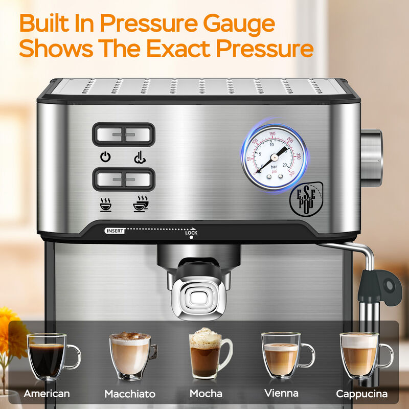 20 Bar Espresso Machine with Milk Frother, ESE Pod Compatible, Pressure Display, Single & Double Shot Home Barista image number 3
