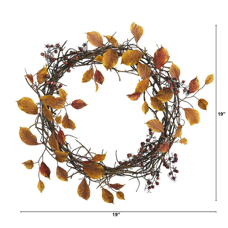Nearly Natural 19-in Harvest Leaf, Berries  and Twig Artificial Wreath