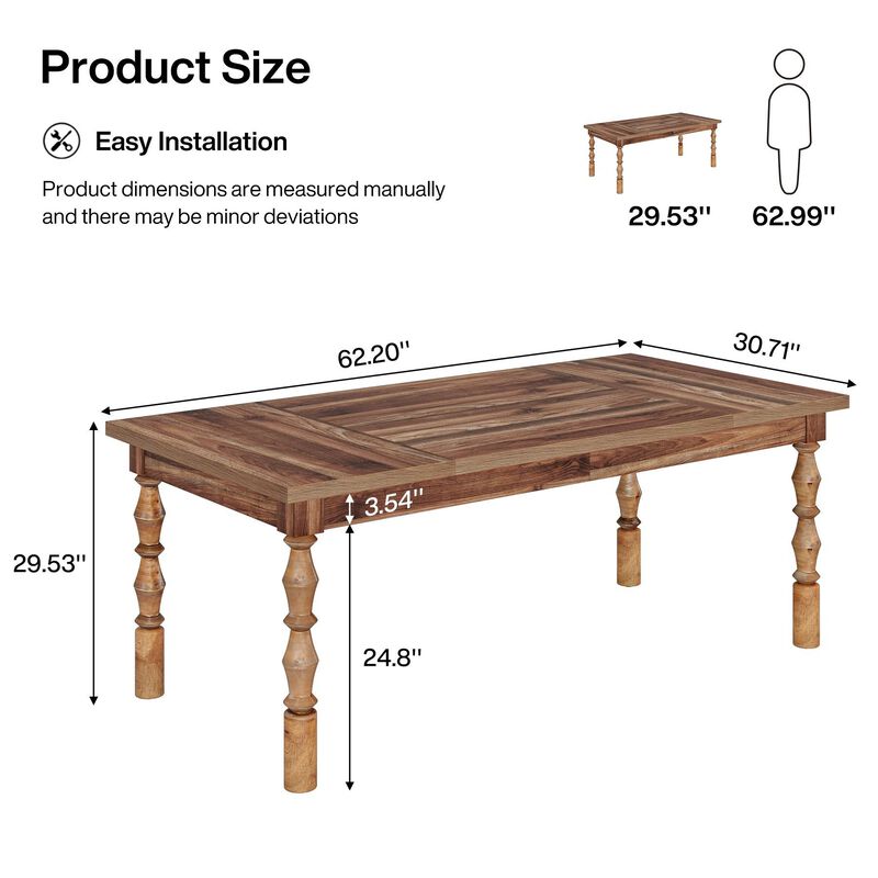 62 Inch Rectangular Dining Table with Carved Turned Legs for 4 to 6 People image number 2