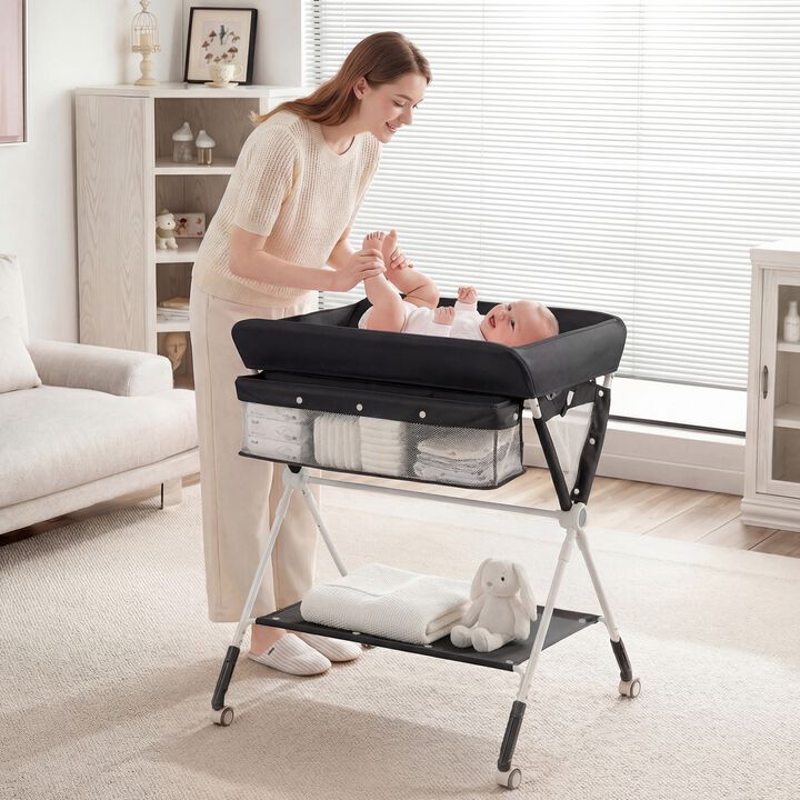 Baby Changing Table with 3 Level Height Adjustment and Storage for Nursery-Black