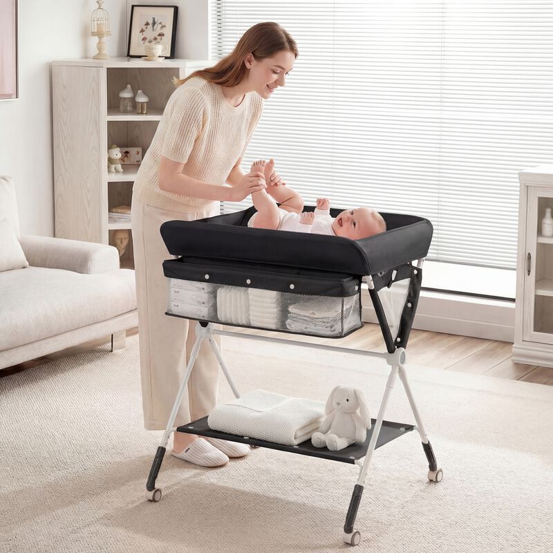 Baby Changing Table with 3 Level Height Adjustment and Storage for Nursery-Black image number 1
