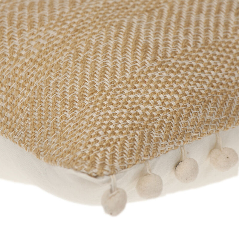 HomeRoots 18" Beige and White Weave Cotton Throw Pillow With Pom Poms image number 3