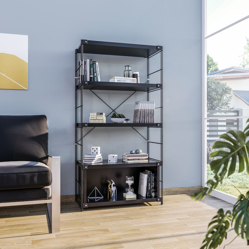 LeisureMod Etagere 4-Shelf Industrial Bookcase with Black Steel Frame and Melamine Shelves, Open Storage for Living Rooms, Offices, and Lounges