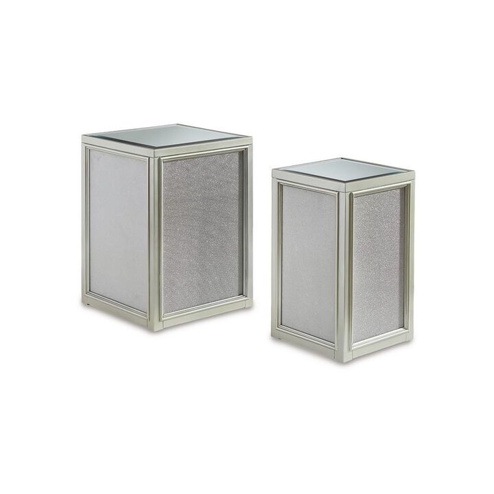 Benjara Brad Set of 2 Nesting Side End Tables, Mirrored Glass, Silver Wood Finish