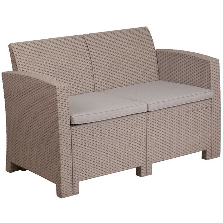 Flash Furniture Seneca Light Gray Faux Rattan Loveseat with All-Weather Light Grey Cushions