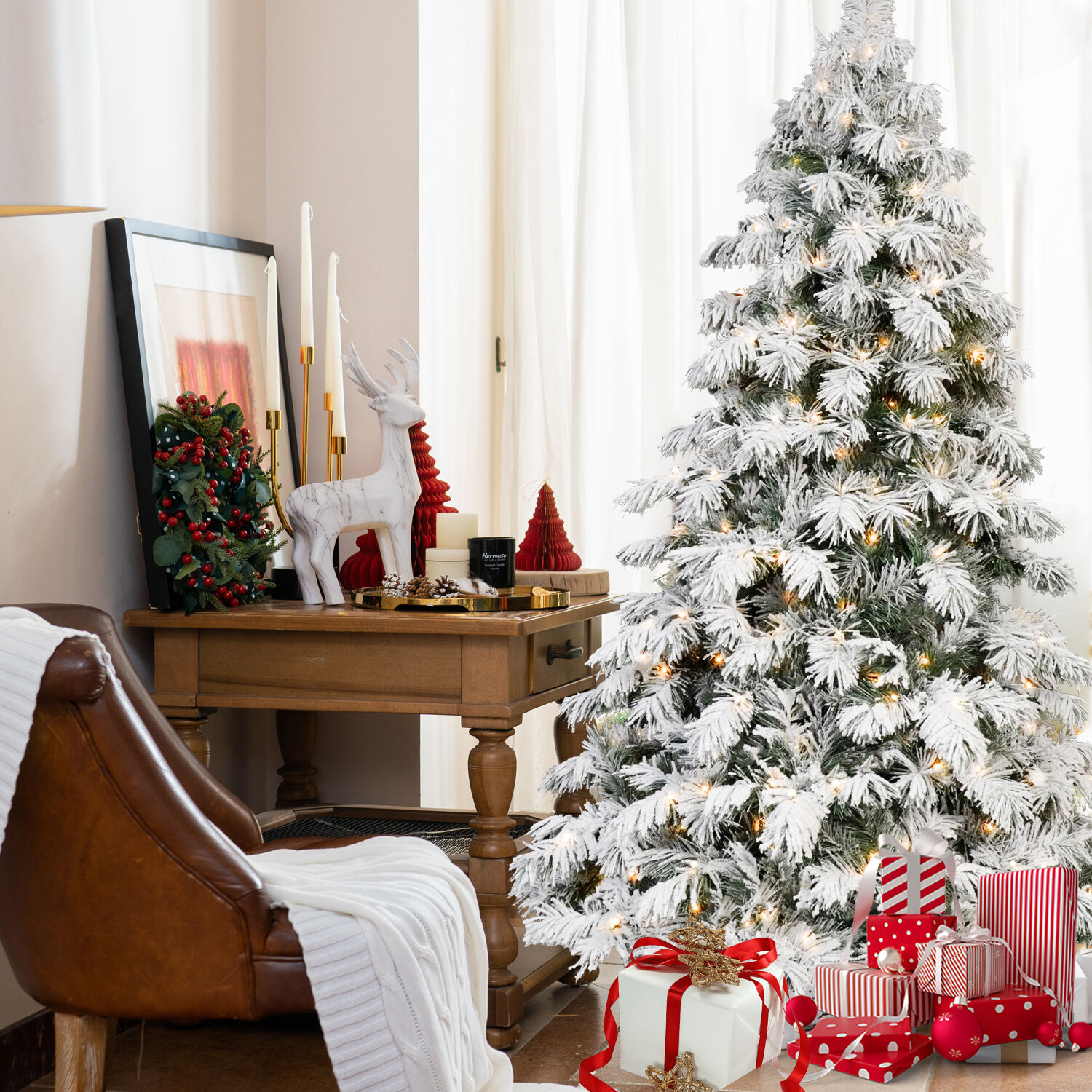 Whisen Flocked Scarecrow-Shaped Christmas Tree with White LED