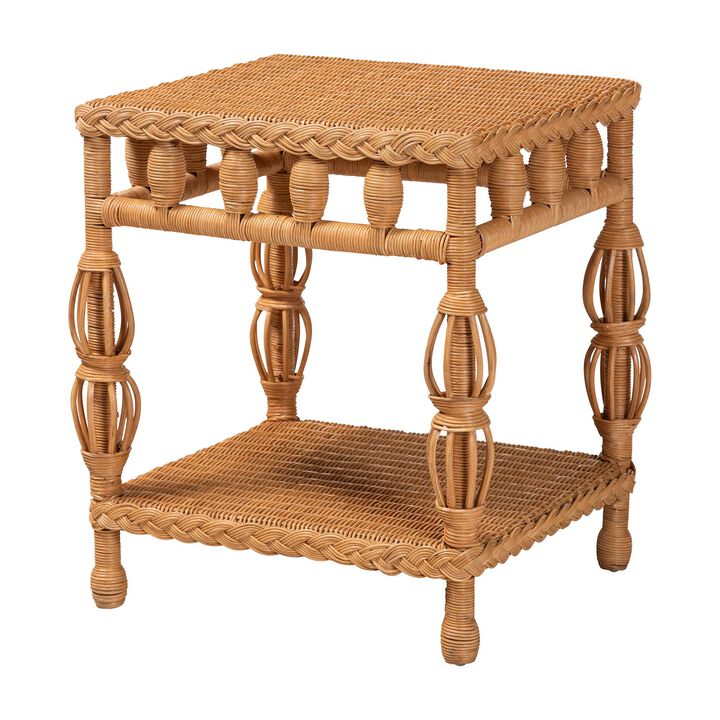 bali & pari Dolby Natural Rattan End Table - Handwoven Wicker Side Table with Lower Shelf, Coastal Boho Style Accent Table for Living Room or Bedroom