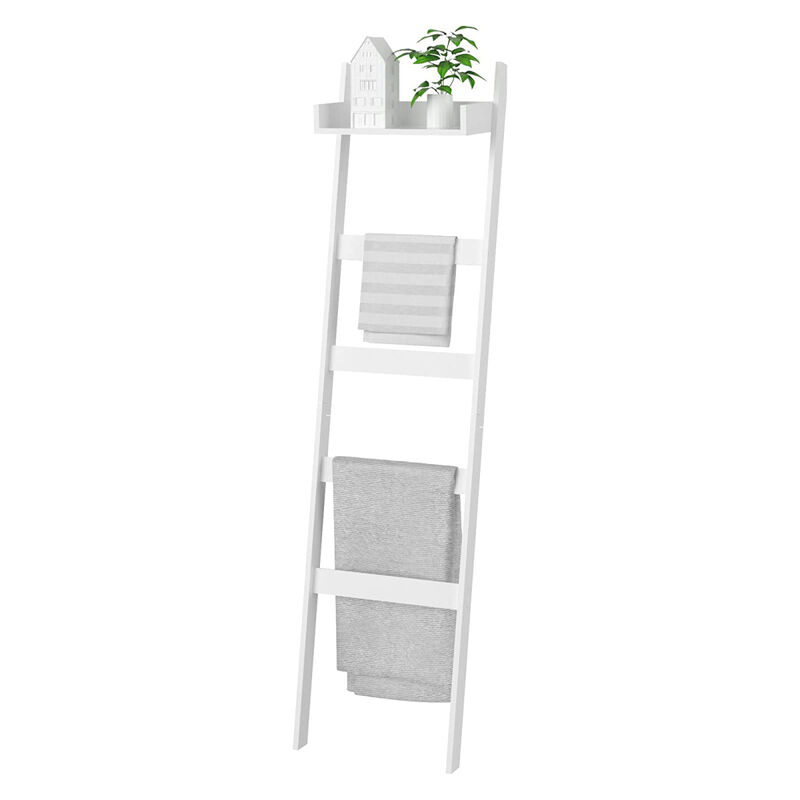 Blanket Ladder, 5 Tier Towel Racks with Shelf, Blanket Holder, Decorative Blanket, Quilt, Towel, Scarf Ladder Shelves for Living Room, Bedroom, Bathroom, Farmhouse (White)