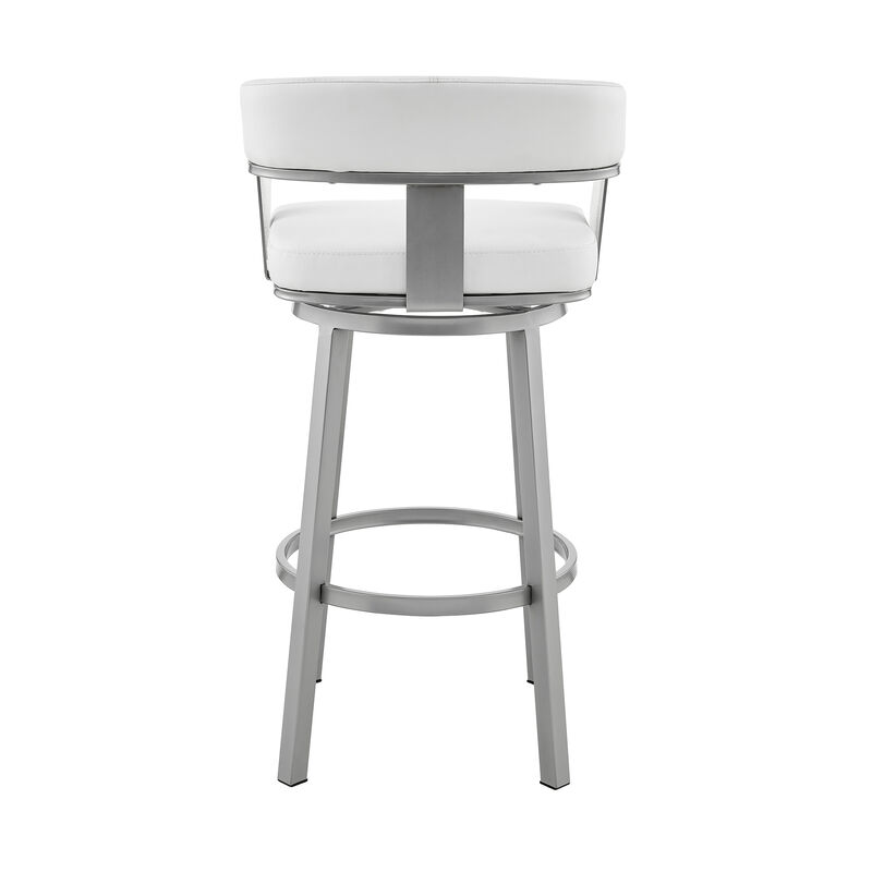 Cohen Bar Height Swivel Bar Stool in Silver Finish with White Faux Leather