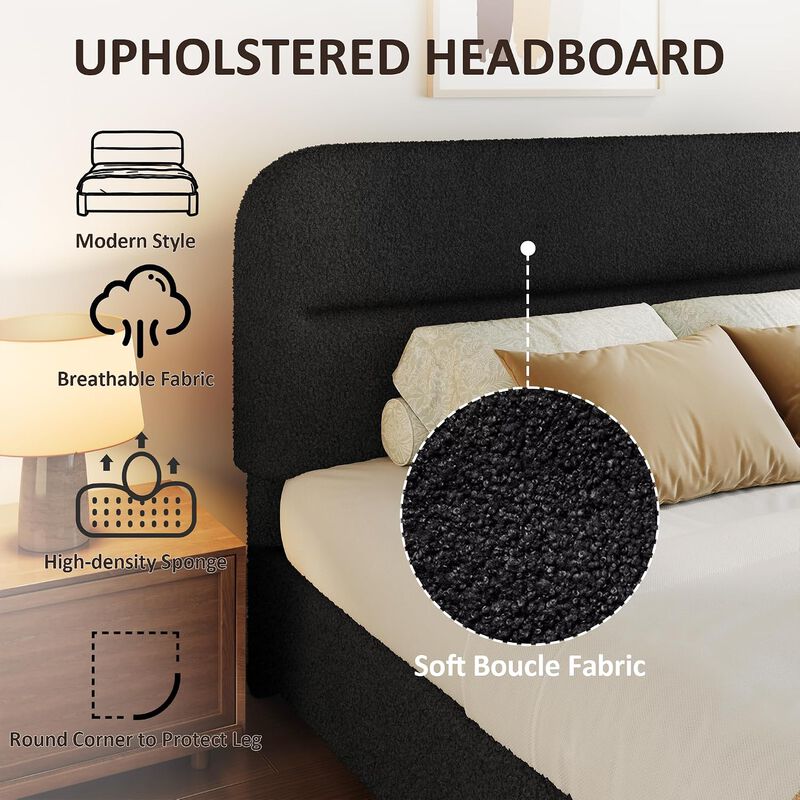 Vipbear Upholstered Boucle Platform Bed Frame with Adjustable Wide Headboard, Wooden Slats, Black image number 3