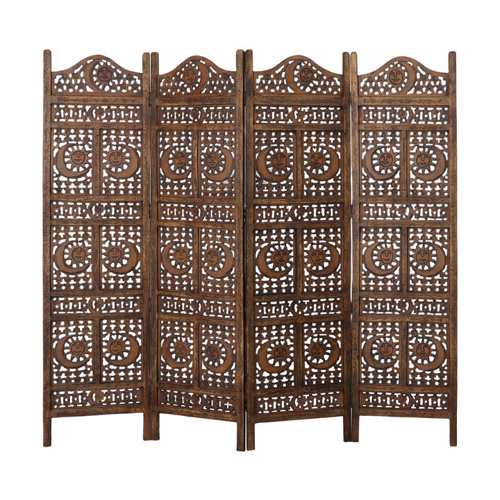 71 Inch 4 Panel Mango Wood Room Divider, Hand Carved, Sun & Moon Design, Brown