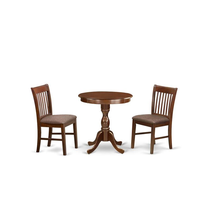 East West Furniture - ESNF3-MAH-C - 3-Pc Dining Room Table Set - 2 Wooden Dining Chairs and 1 Modern Dining Table (Mahogany Finish)
