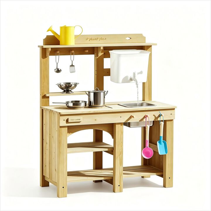 Outdoor Mud Kitchen - Wooden Water Play Kitchen, 12mm Thick Weather-Resistant Wood, 4L Water Tank & Sink, Modular Stove/Sensory Table, Large Storage