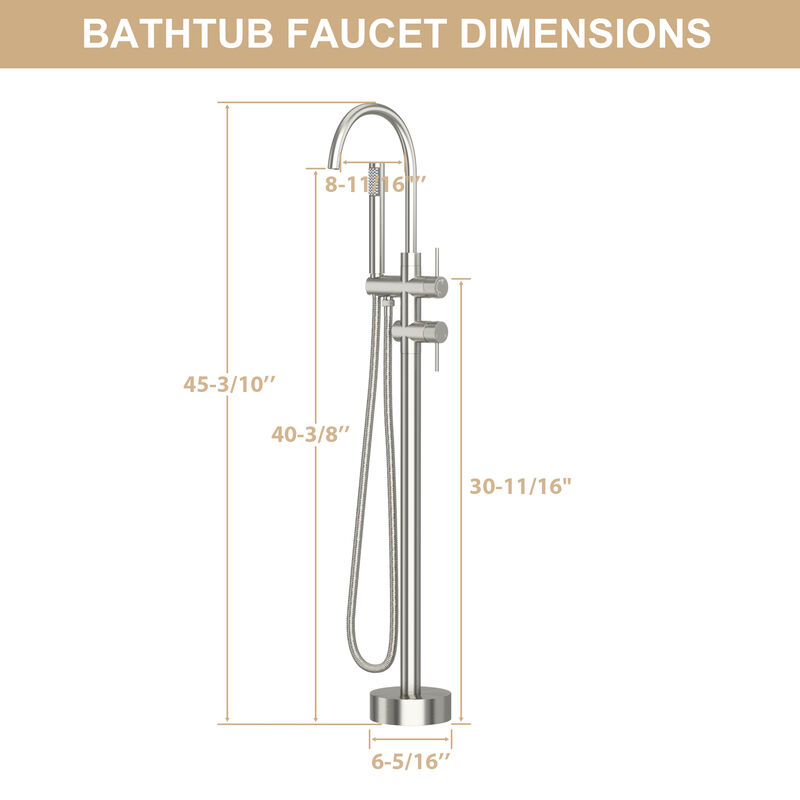 Freestanding Bathtub Faucet Floor Mount Tub Filler Brushed Nickel, Swivel Gooseneck Spout with Cylinder Handheld