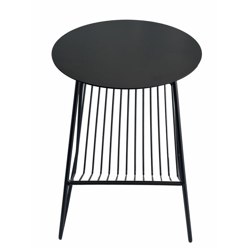 Zeo Side End Table w Magazine Rack, 14 Inch Round Top, Black Metal