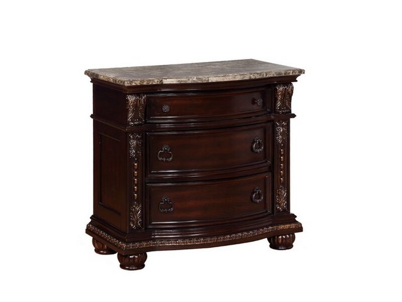 Sany Wooden Nightstand with Three Spacious Drawers and Bun Feet, Cherry Brown - Benzara