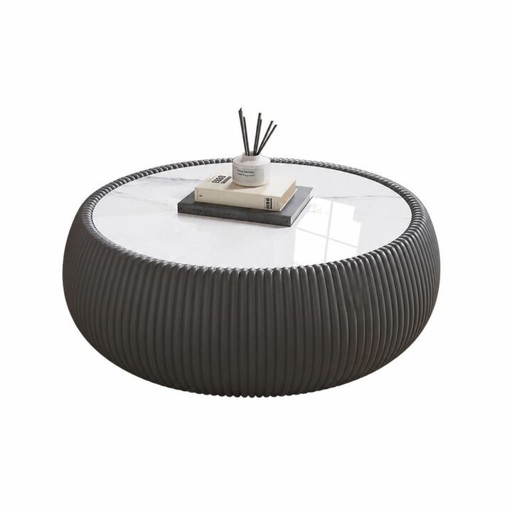 GOODSILO Modern Round Drum Shaped Sintered Stone Top Coffee Table Unique Patterned Accent Furniture For Living Room, Bedroom And Office