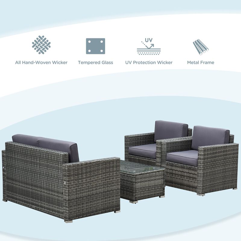 4-Piece Rattan Wicker Furniture Set, Outdoor Cushioned Conversation Furniture with 2 Chairs, Loveseat, and Glass Coffee Table, Grey image number 6